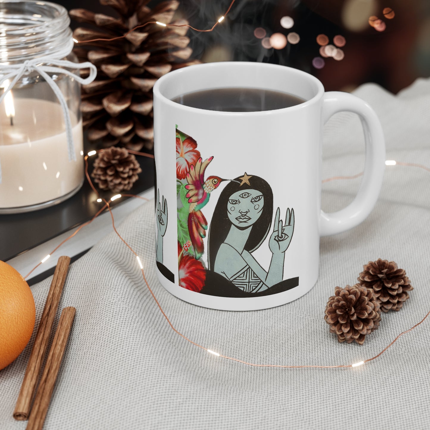 Intriguing Artistic Coffee Mug - Four-Eyed Woman & Hummingbird Design - White Ceramic Mug 11oz