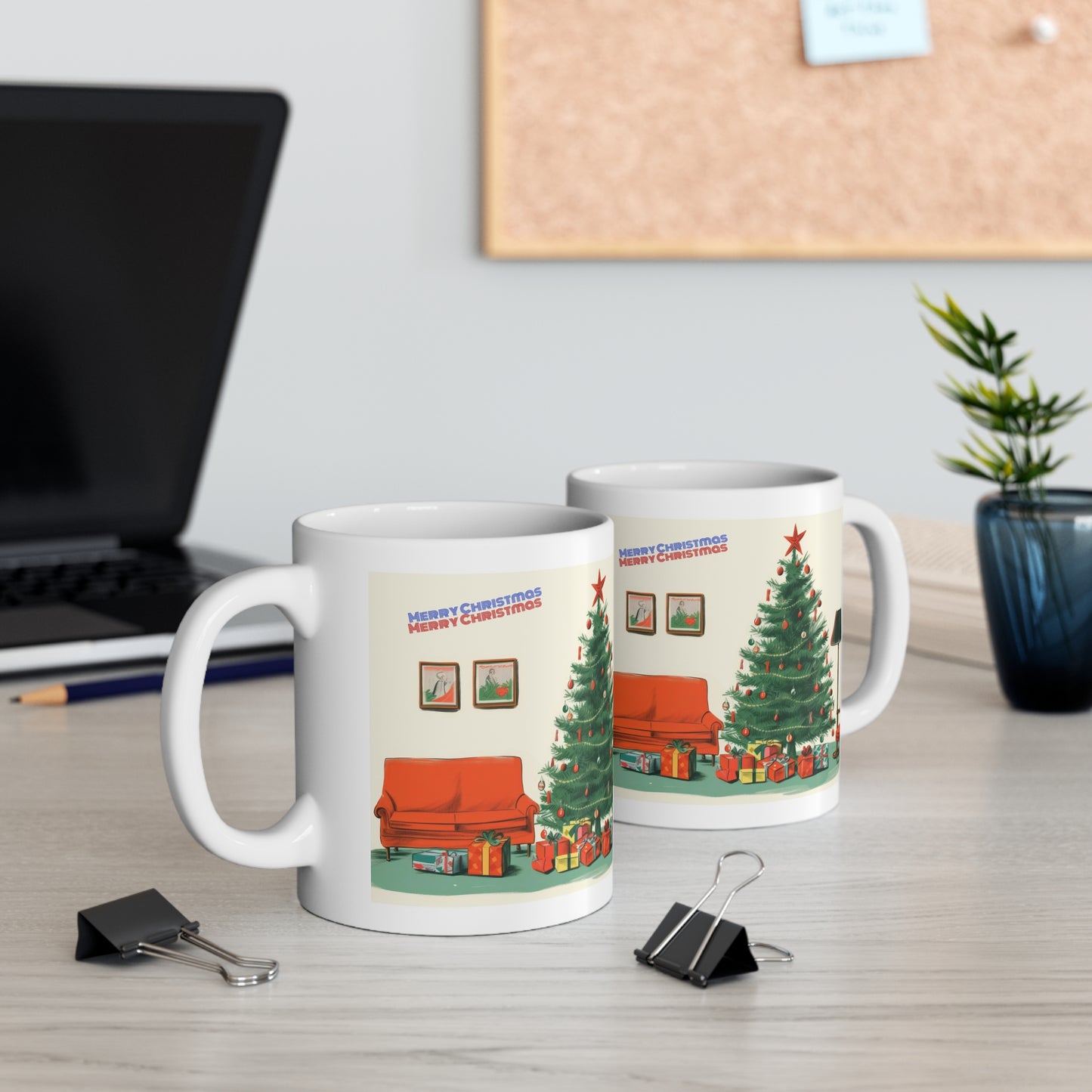 Cozy Christmas - Festive Coffee Mug with Christmas Tree, Couch, and Light Design