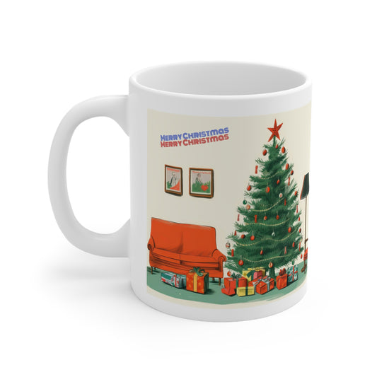 Cozy Christmas - Festive Coffee Mug with Christmas Tree, Couch, and Light Design